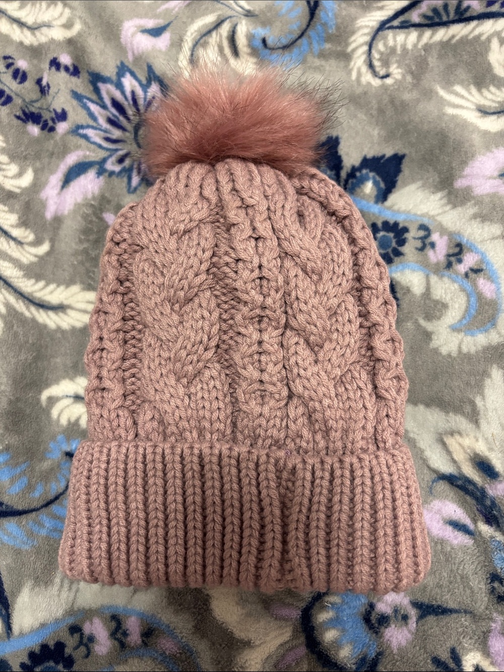 Mauve Cable Knit Pom Beanie
